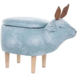 Beliani Modern Fabric Stool Pouffe Nursery Solid Wood Legs Animal Light Blue Reindeer