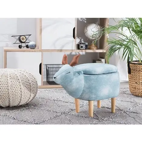 Beliani Modern Fabric Stool Pouffe Nursery Solid Wood Legs Animal Light Blue Reindeer 4 Beliani Modern Fabric Stool Pouffe Nursery Solid Wood Legs Animal Light Blue Reindeer - Image 2