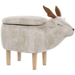 Beliani Modern Fabric Stool Pouffe Nursery Solid Wood Legs Animal Beige Reindeer