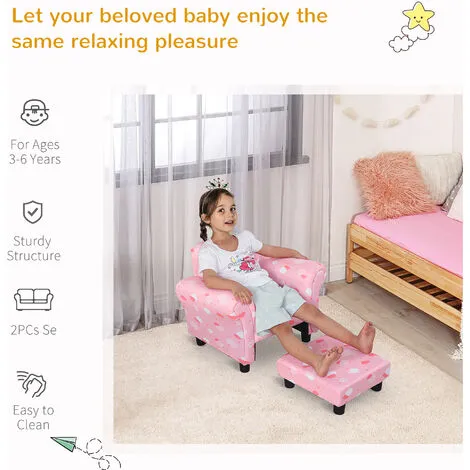 HOMCOM Kids Children Armchair Mini Sofa Wood Frame W/ Footrest Cute Cloud Star Pink 7 HOMCOM Kids Children Armchair Mini Sofa Wood Frame W/ Footrest Cute Cloud Star Pink - Image 5