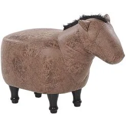 Beliani Kids Animal Stool Leather Look Fabric Pouffe Wooden Legs Playroom Brown Horse