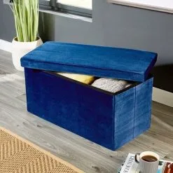 Home Source Large Folding Ottoman Navy Blue Velvet Fabric Chest Solid Storage Space Saving -Children's chairs Sales Store 36857522 2