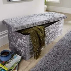 Home Source Extra Large Folding Ottoman Grey Ice Velvet Fabric Chest Storage Space Saving