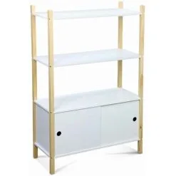 Alice's Garden Children's Bookcase With 3 Shelves, Two Sliding Doors, 70x30x106.5cm - Tobias - Natural Pine, Painted White