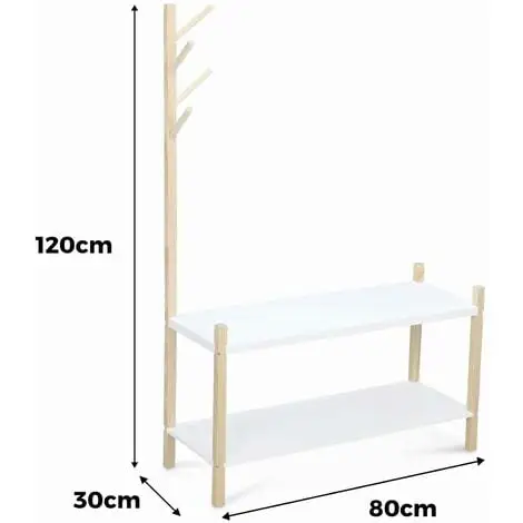 Alice's Garden Children's Shoe And Coat Organiser, 2 Shelves And A Coat Stand With 4 Hooks, 80x30x120cm - Tobias - Natural Pine, Painted White 4 Alice's Garden Children's Shoe And Coat Organiser, 2 Shelves And A Coat Stand With 4 Hooks, 80x30x120cm - Tobias - Natural Pine, Painted White - Image 2