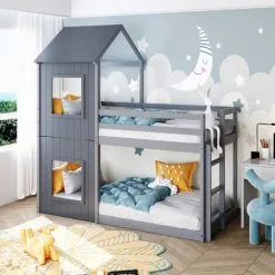 ModernLuxe Bunk Bed House Bed 3FT Treehouse Cabin Bed Frame With Treehouse Canopy & Ladder Grey