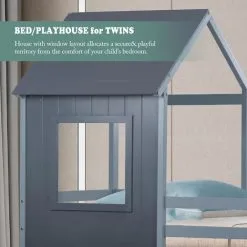 ModernLuxe Bunk Bed House Bed 3FT Treehouse Cabin Bed Frame With Treehouse Canopy & Ladder Grey -Children's chairs Sales Store 50393653 4