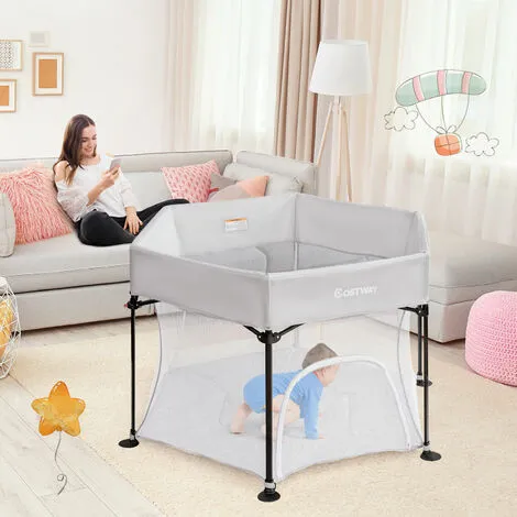 Costway Portable Baby Playpen Hexagonal Folding Play Yard Toddler Activity Center Grey 6 Costway Portable Baby Playpen Hexagonal Folding Play Yard Toddler Activity Center Grey - Image 4