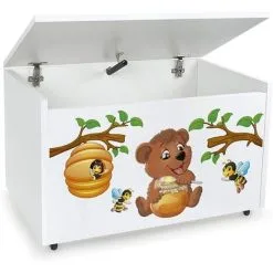 Leomark Large Wheeled Wooden Toy Box For With Stool Seat - Bear And Bees