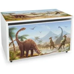 Leomark Large Wheeled Wooden Toy Box For With Stool Seat - Jurassic