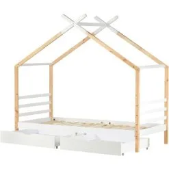 ModernLuxe 3 FT Single Bed Frame Kid House Bed With Storage Two Drawers Tree House Solid Pine Wood 90x190 Cm White And Natural 9 ModernLuxe 3 FT Single Bed Frame Kid House Bed With Storage Two Drawers Tree House Solid Pine Wood 90x190 Cm White And Natural -Children's chairs Sales Store 51244929 3