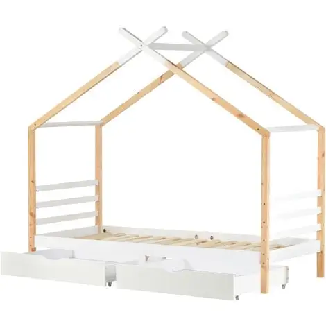 ModernLuxe 3 FT Single Bed Frame Kid House Bed With Storage Two Drawers Tree House Solid Pine Wood 90x190 Cm White And Natural 5 ModernLuxe 3 FT Single Bed Frame Kid House Bed With Storage Two Drawers Tree House Solid Pine Wood 90x190 Cm White And Natural - Image 3