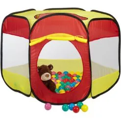 Relaxdays Ball Pit With 100 Balls For Kids, Pop Up Play Tent For Age 3 And Up, HWD: 70x85x100 Cm, Hexagonal, Red-Yellow