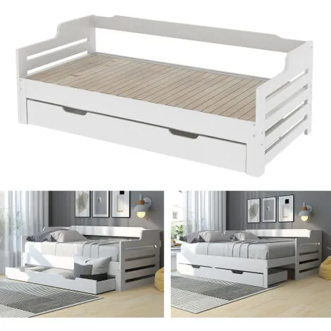 FYFAMILY Wooden Daybed With Trundle And Drawer, 3 Ft Single Guest Bed For Living Room And Bedroom 90 X190 Cm White 4 FYFAMILY Wooden Daybed With Trundle And Drawer, 3 Ft Single Guest Bed For Living Room And Bedroom 90 X190 Cm White - Image 2