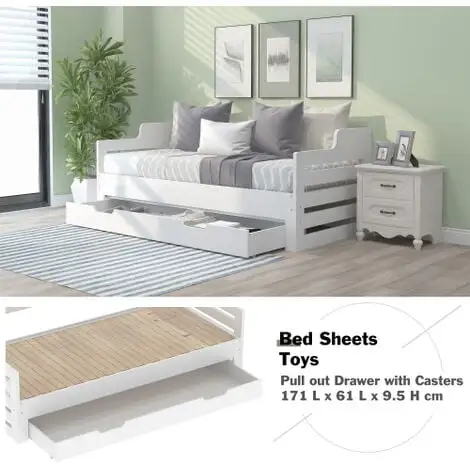 FYFAMILY Wooden Daybed With Trundle And Drawer, 3 Ft Single Guest Bed For Living Room And Bedroom 90 X190 Cm White 5 FYFAMILY Wooden Daybed With Trundle And Drawer, 3 Ft Single Guest Bed For Living Room And Bedroom 90 X190 Cm White - Image 3