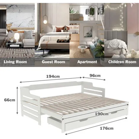 FYFAMILY Wooden Daybed With Trundle And Drawer, 3 Ft Single Guest Bed For Living Room And Bedroom 90 X190 Cm White 7 FYFAMILY Wooden Daybed With Trundle And Drawer, 3 Ft Single Guest Bed For Living Room And Bedroom 90 X190 Cm White - Image 5