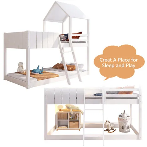 FYFAMILY 3ft Wooden Bunk Bed For Children, 90 X 190 Cm Mid-Sleeper Cabin Bed, Single Treehouse Canopy For Kids White 4 FYFAMILY 3ft Wooden Bunk Bed For Children, 90 X 190 Cm Mid-Sleeper Cabin Bed, Single Treehouse Canopy For Kids White - Image 2