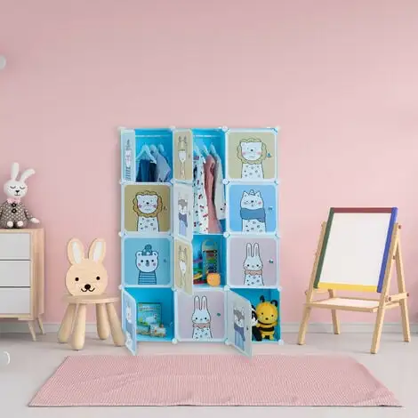 Relaxdays Plug-in Shelving Unit For Children, 2 Clothes Rods, Doors With Animals, HWD: 145x110x37 Cm, DIY Wardrobe, Blue 4 Relaxdays Plug-in Shelving Unit For Children, 2 Clothes Rods, Doors With Animals, HWD: 145x110x37 Cm, DIY Wardrobe, Blue - Image 2