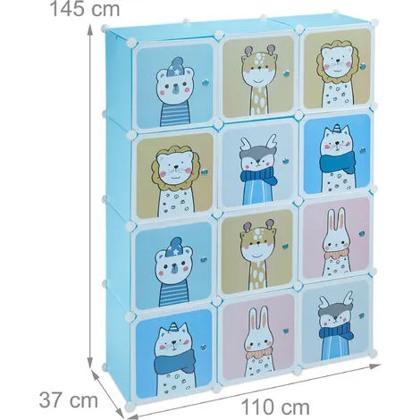 Relaxdays Plug-in Shelving Unit For Children, 2 Clothes Rods, Doors With Animals, HWD: 145x110x37 Cm, DIY Wardrobe, Blue 6 Relaxdays Plug-in Shelving Unit For Children, 2 Clothes Rods, Doors With Animals, HWD: 145x110x37 Cm, DIY Wardrobe, Blue - Image 4