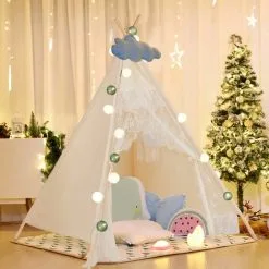 Costway Portable Kids Lace Teepee Tent Folding Children Playhouse Indoor Outdoor W/ Bag
