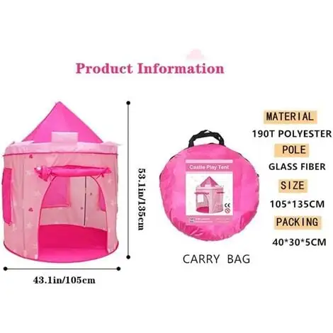 Tinor Kids Play Tents Children's Tent Pink Castle,Kids Teepee,Play Tent House,Baby Tent House,Garden Tent For Baby Play House 4 Tinor Kids Play Tents Children's Tent Pink Castle,Kids Teepee,Play Tent House,Baby Tent House,Garden Tent For Baby Play House - Image 2
