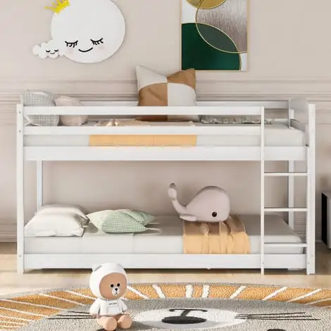 FYFAMILY Children Bunk Bed, Wooden Bed Frame, Sleeper Bedstead With Ladder And Safety Guardrail, For Kids Teenagers Bedroom 90 X 190 Cm White 4 FYFAMILY Children Bunk Bed, Wooden Bed Frame, Sleeper Bedstead With Ladder And Safety Guardrail, For Kids Teenagers Bedroom 90 X 190 Cm White - Image 2