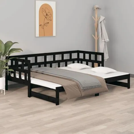 Pull-out Day Bed Black Solid Wood Pine 2x(90x190) Cm VidaXL 4 Pull-out Day Bed Black Solid Wood Pine 2x(90x190) Cm VidaXL - Image 2