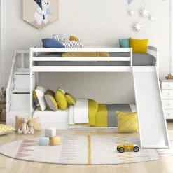 ModernLuxe Bunk Bed With Stairs, Slide And Storage, Mid Sleeper, 90x190cm Children Bed 2 Drawers In The Steps, White