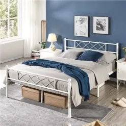 Yaheetech 4ft6 Double Metal Bed Frame With Cross-design Headboard & Footboard, White -Children's chairs Sales Store 71207709 3