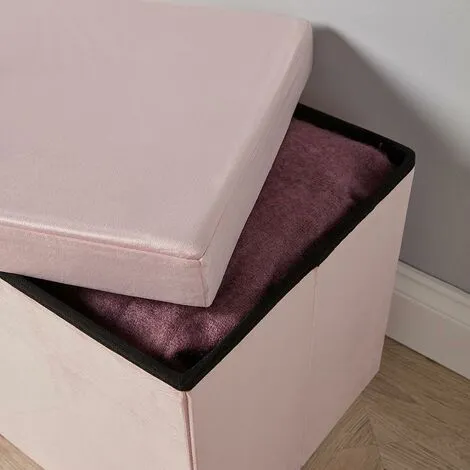 Home Source Square Folding Ottoman Velvet Blush Chest Storage Space Saving Bedding Box 4 Home Source Square Folding Ottoman Velvet Blush Chest Storage Space Saving Bedding Box - Image 2