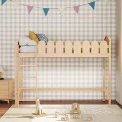 Livingandhome Pine Wood Loft Bed For Kids Room With Fence Rails