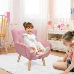 Unho Pink Velvet Cute Child Armchair Childern Seat Wood Frame With Footrest Padding Foot Stool