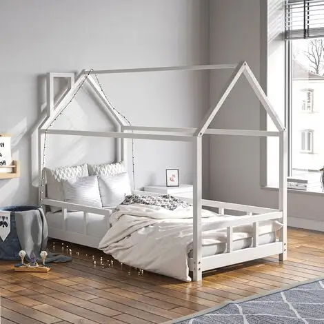 Livingandhome White Solid Pine Wood Frame House Double Kids Bedstead 3 Livingandhome White Solid Pine Wood Frame House Double Kids Bedstead