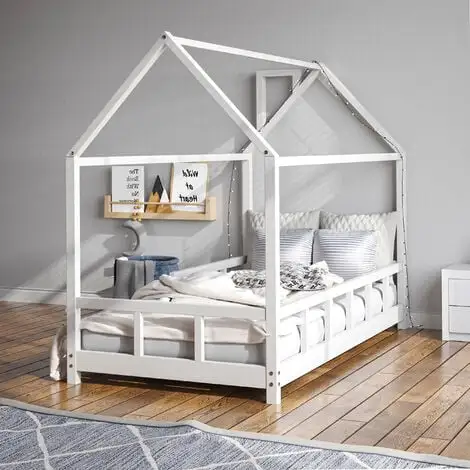 Livingandhome White Solid Pine Wood Frame House Double Kids Bedstead 4 Livingandhome White Solid Pine Wood Frame House Double Kids Bedstead - Image 2