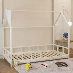 Livingandhome White Solid Pine Wood Frame House Double Kids Bedstead 9 Livingandhome White Solid Pine Wood Frame House Double Kids Bedstead -Children's chairs Sales Store 76194361 3