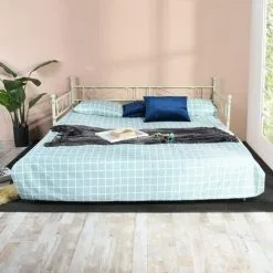 SWYEOOT Single Metal Sofa Bed Day Bed With Trundle Bed, Can Be Extended From 95-177 Cm, White -Children's chairs Sales Store 76957157 3 1