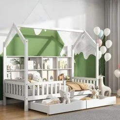 SWYEOOT Cot With Multifunctional Storage Shelf And 2 Large Drawers With Storage Space And Chimney Shape 90 X 200 Cm (white + Bookcase 90 X 200 Cm)