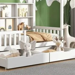 SWYEOOT Cot With Multifunctional Storage Shelf And 2 Large Drawers With Storage Space And Chimney Shape 90 X 200 Cm (white + Bookcase 90 X 200 Cm) -Children's chairs Sales Store 76957188 3 1