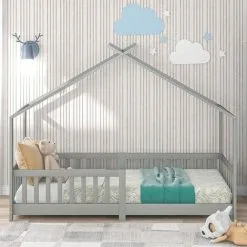 SWYEOOT Children's Bed - Solid Wood With Fence And Slatted Frame - With Fall Protection For Children's And Teenagers' Rooms - Gray - 90 X 200 Cm