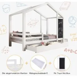SWYEOOT Children's Bed Bed 90 X 200 Cm, Wooden Bed With Table And 2 Drawers, Solid Wood With Fence And Slatted Frame, White (without Mattress) -Children's chairs Sales Store 76957276 5