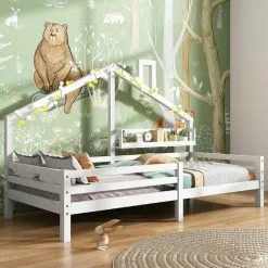 SWYEOOT Children's Bed, Beautiful House Bed, Made Of Solid Wood With Fence And Slatted Frame, With Storage Shelf, Fireplace Shape For Children's And Teenagers' Rooms (White, 90 X 200 Cm)