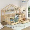 SWYEOOT Wooden Colored Children's Bed, Bed House Bed With Drawers, Solid Wood With Slatted Frame, Pine Wood House Bed, Children's And Youth Room, 90x200 -Children's chairs Sales Store 76957515 1