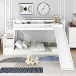 QHJ Bunk Bed With Stairs And Slide Children Bed With Drawer 90x190cm, White