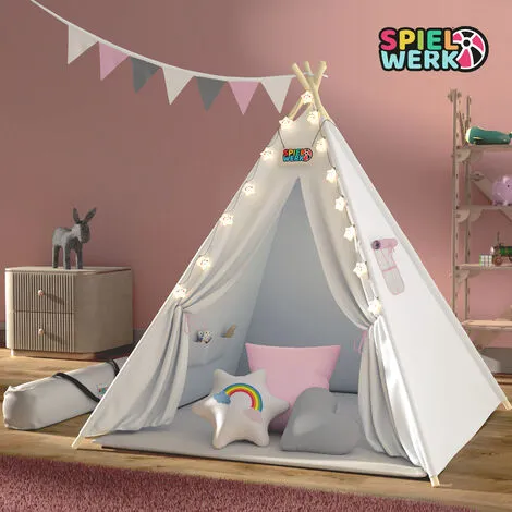 Spielwerk Children's Teepee Tent Fairy Lights Kid's 2.5cm Floor Play Mat 3 Pillows Cotton Carry Bag Tipi Playhouse Indoor 120x120x160cm Wigwam Rose 4 Spielwerk Children's Teepee Tent Fairy Lights Kid's 2.5cm Floor Play Mat 3 Pillows Cotton Carry Bag Tipi Playhouse Indoor 120x120x160cm Wigwam Rose - Image 2
