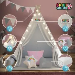 Spielwerk Children's Teepee Tent Fairy Lights Kid's 2.5cm Floor Play Mat 3 Pillows Cotton Carry Bag Tipi Playhouse Indoor 120x120x160cm Wigwam Rose 9 Spielwerk Children's Teepee Tent Fairy Lights Kid's 2.5cm Floor Play Mat 3 Pillows Cotton Carry Bag Tipi Playhouse Indoor 120x120x160cm Wigwam Rose -Children's chairs Sales Store 79598953 3