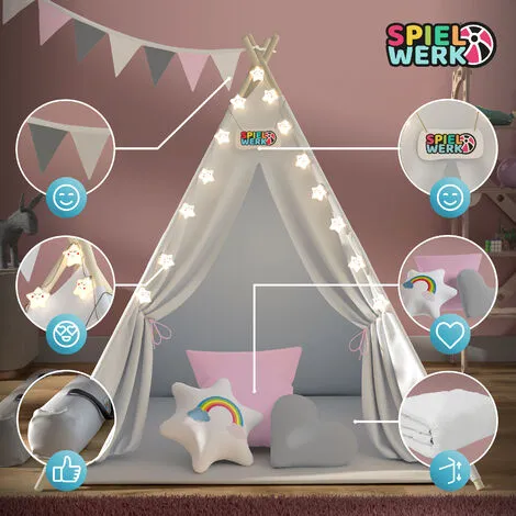 Spielwerk Children's Teepee Tent Fairy Lights Kid's 2.5cm Floor Play Mat 3 Pillows Cotton Carry Bag Tipi Playhouse Indoor 120x120x160cm Wigwam Rose 5 Spielwerk Children's Teepee Tent Fairy Lights Kid's 2.5cm Floor Play Mat 3 Pillows Cotton Carry Bag Tipi Playhouse Indoor 120x120x160cm Wigwam Rose - Image 3