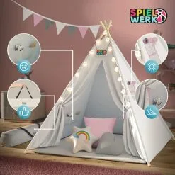 Spielwerk Children's Teepee Tent Fairy Lights Kid's 2.5cm Floor Play Mat 3 Pillows Cotton Carry Bag Tipi Playhouse Indoor 120x120x160cm Wigwam Rose 10 Spielwerk Children's Teepee Tent Fairy Lights Kid's 2.5cm Floor Play Mat 3 Pillows Cotton Carry Bag Tipi Playhouse Indoor 120x120x160cm Wigwam Rose -Children's chairs Sales Store 79598953 4