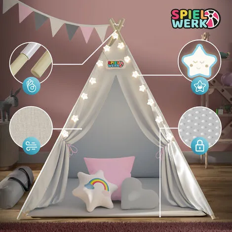 Spielwerk Children's Teepee Tent Fairy Lights Kid's 2.5cm Floor Play Mat 3 Pillows Cotton Carry Bag Tipi Playhouse Indoor 120x120x160cm Wigwam Rose 7 Spielwerk Children's Teepee Tent Fairy Lights Kid's 2.5cm Floor Play Mat 3 Pillows Cotton Carry Bag Tipi Playhouse Indoor 120x120x160cm Wigwam Rose - Image 5