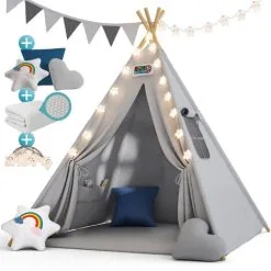 Children's chairs Sales Store 43 Spielwerk Children's Teepee Tent Fairy Lights Kid's 2.5cm Floor Play Mat 3 Pillows Cotton Carry Bag Tipi Playhouse Indoor 120x120x160cm Wigwam Blue