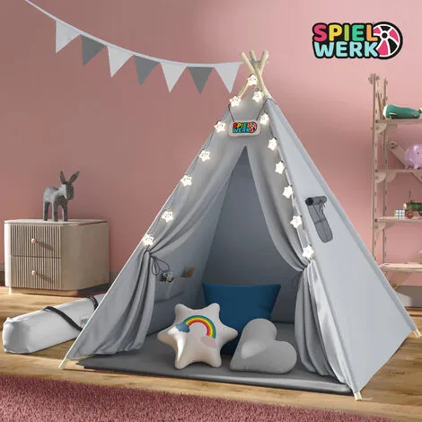 Spielwerk Children's Teepee Tent Fairy Lights Kid's 2.5cm Floor Play Mat 3 Pillows Cotton Carry Bag Tipi Playhouse Indoor 120x120x160cm Wigwam Blue 4 Spielwerk Children's Teepee Tent Fairy Lights Kid's 2.5cm Floor Play Mat 3 Pillows Cotton Carry Bag Tipi Playhouse Indoor 120x120x160cm Wigwam Blue - Image 2